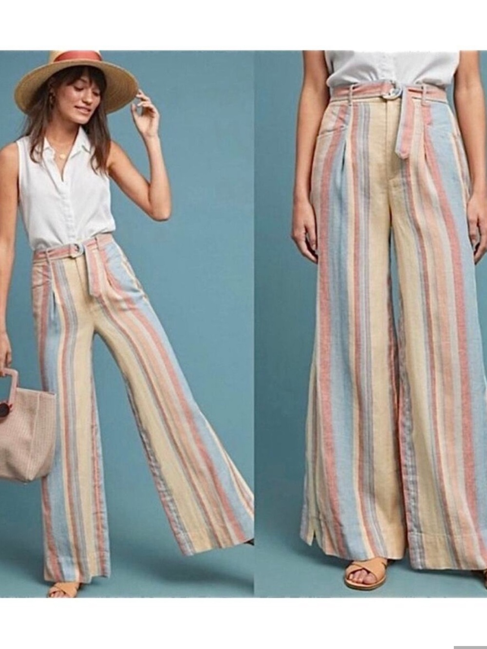 by Anthropologie Beachy Striped Wide Leg Pants Linen Blend Womens Size 4